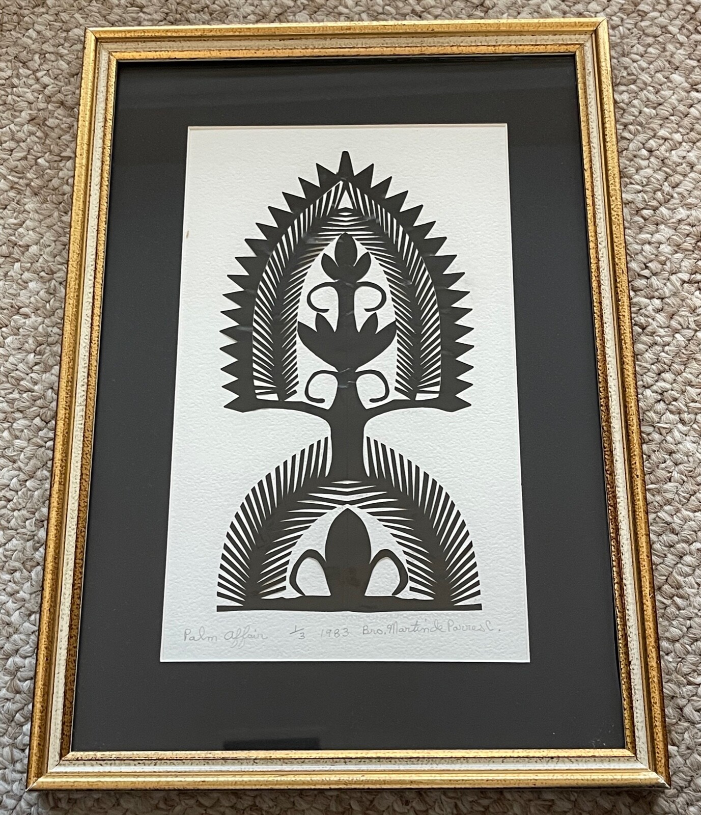 Vintage 1980s Scherenschnitte Paper Art Palm Leaves Wall Hanging Signed Framed