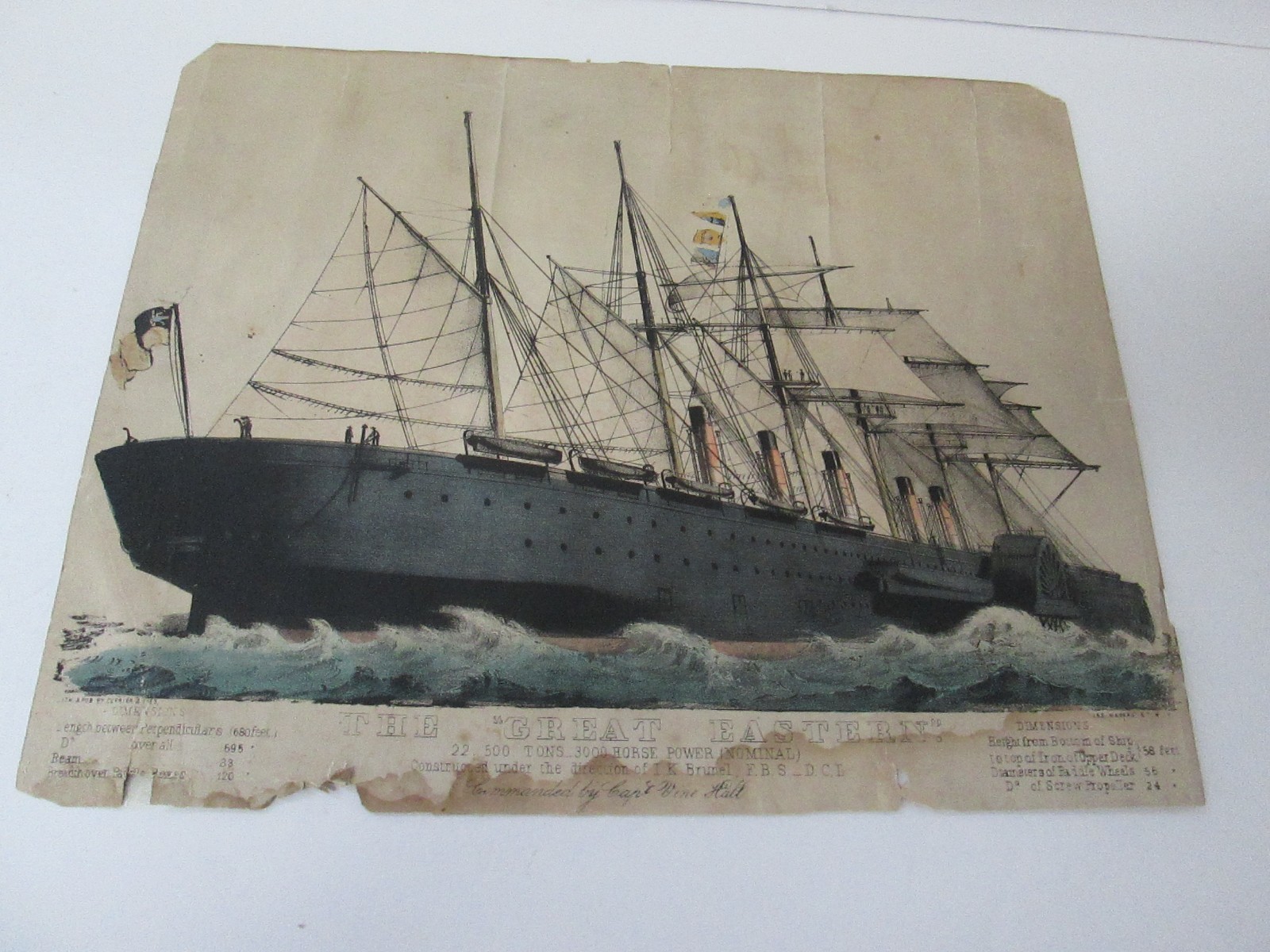 Antique 1850s Currier & Ives Lithograph the "Great Eastern" - 13" x 10 1/2"