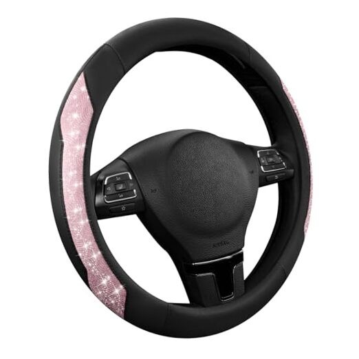  Steering Wheel Cover, Pink Sparkly Crystal Bling Glitter with Pink Glitter