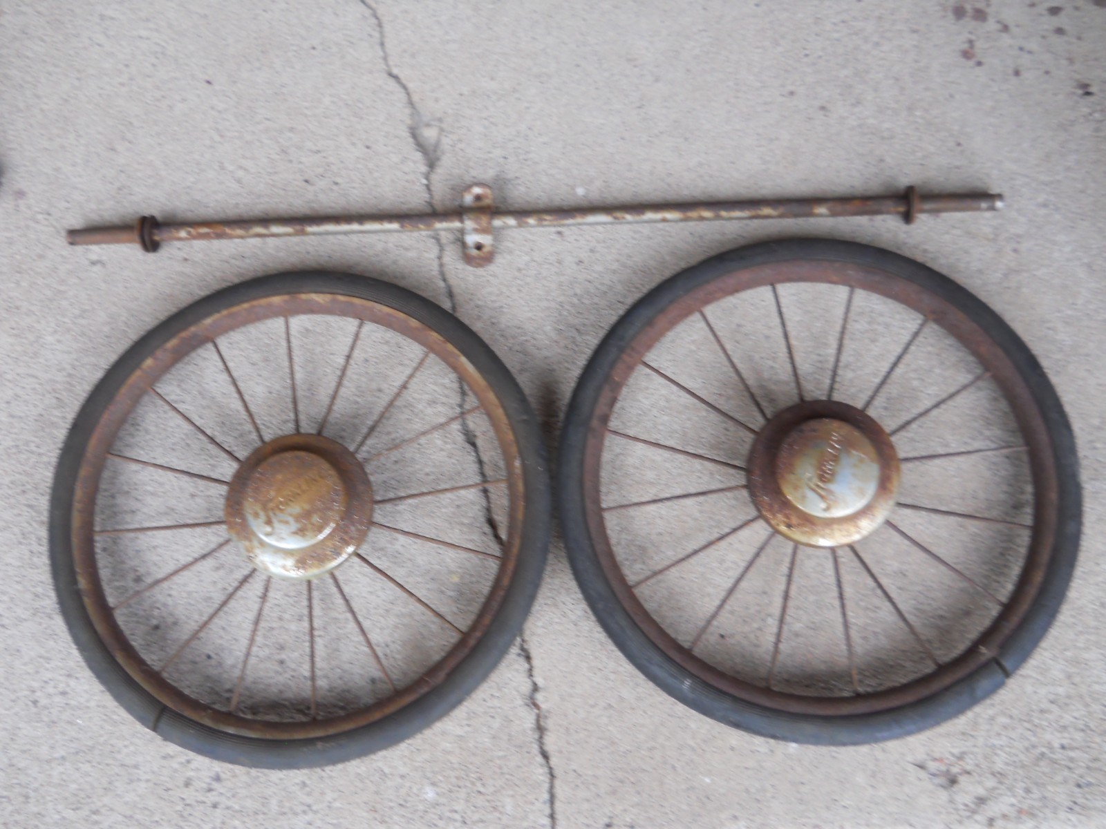 2 Vintage Rustic Buggy/ Carriage Wheels Spoked Solid Rubber & Axle