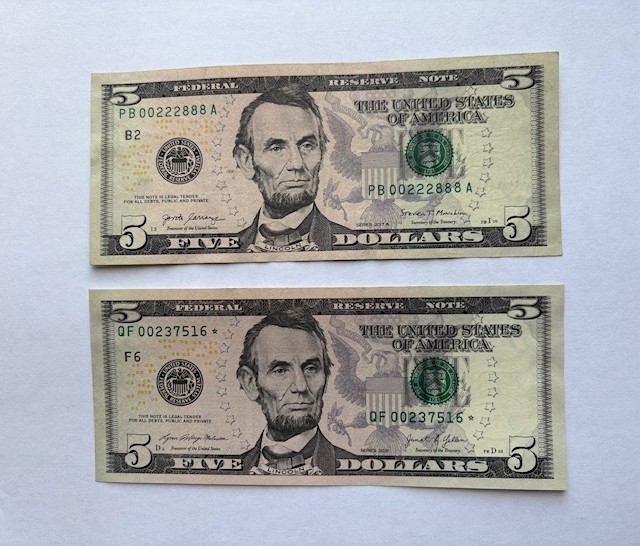 Low Serial Number With Star Note, One Pair $5 Bills 2017 & 2021