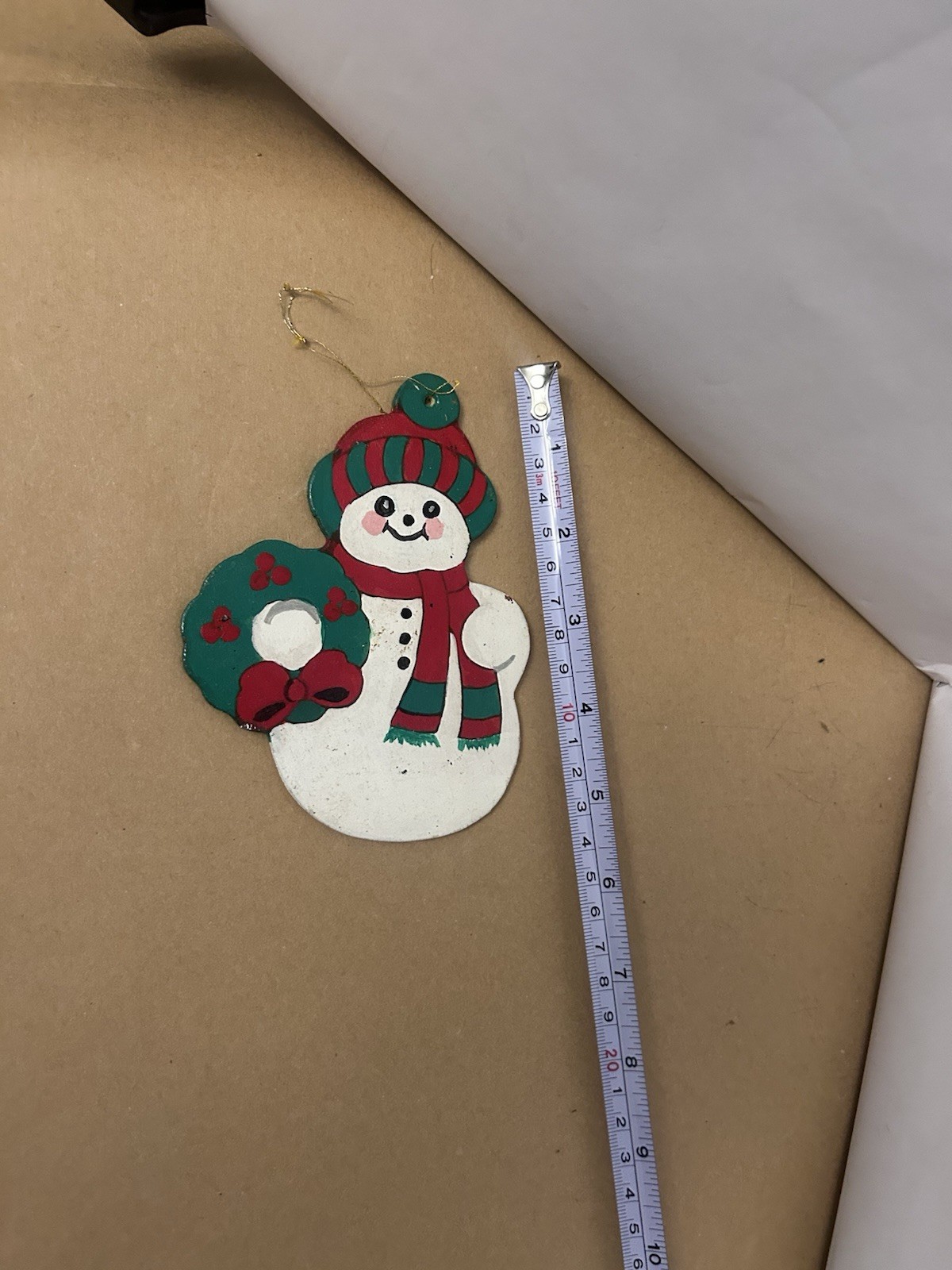 VTG Christmas Ornament Wooden Snowman with Wreath