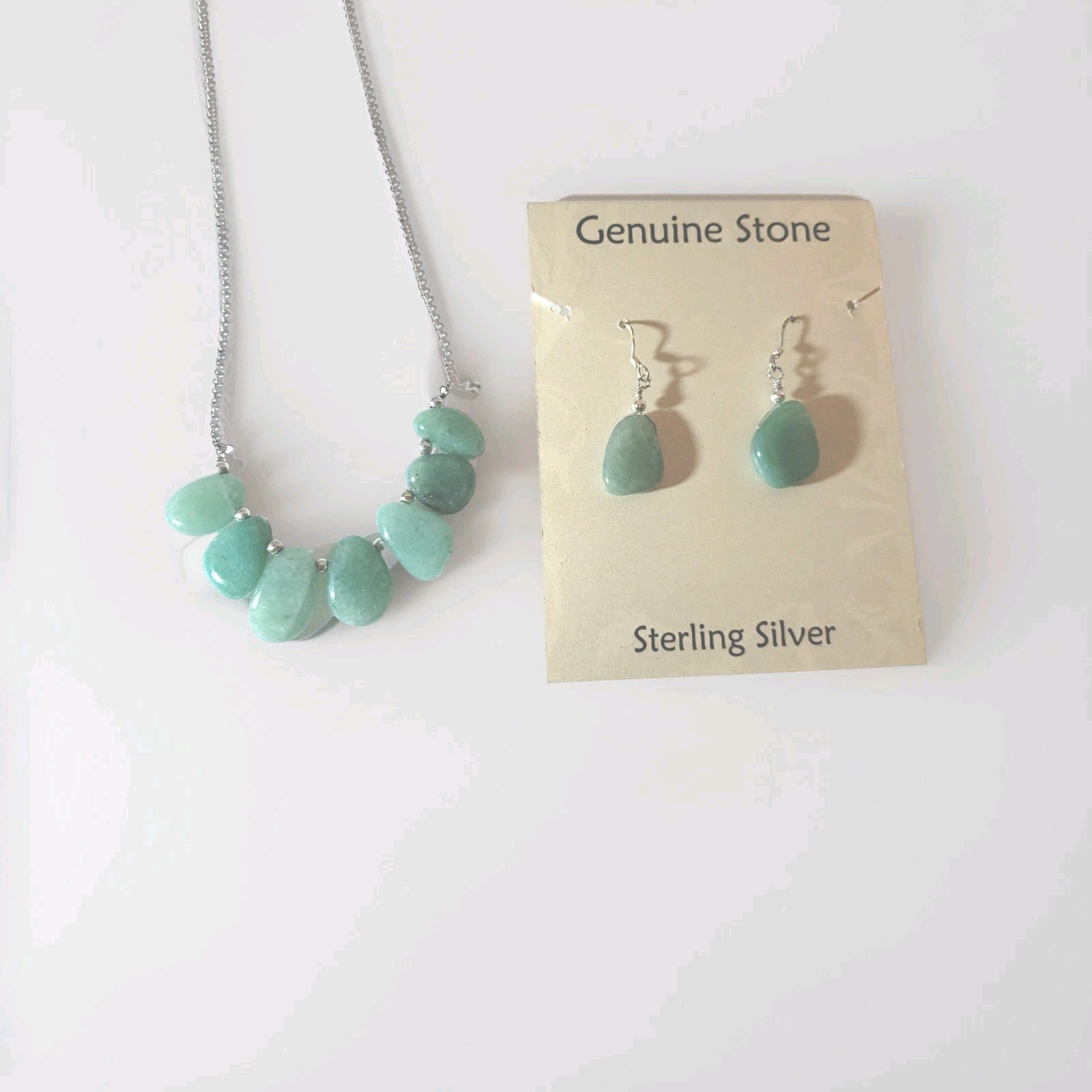 Sterling Silver & Blue Green  Amazonite Necklace Earring Set NEW Genuine Stone