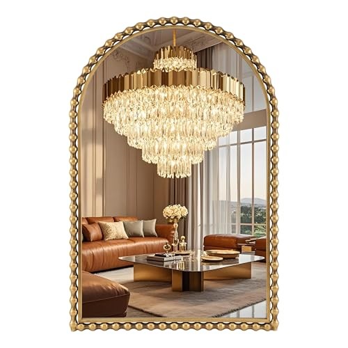 24x36 Inch Arched Wall Mirror with Bold Antique Gold Beaded Frame, 36"L x 24"W