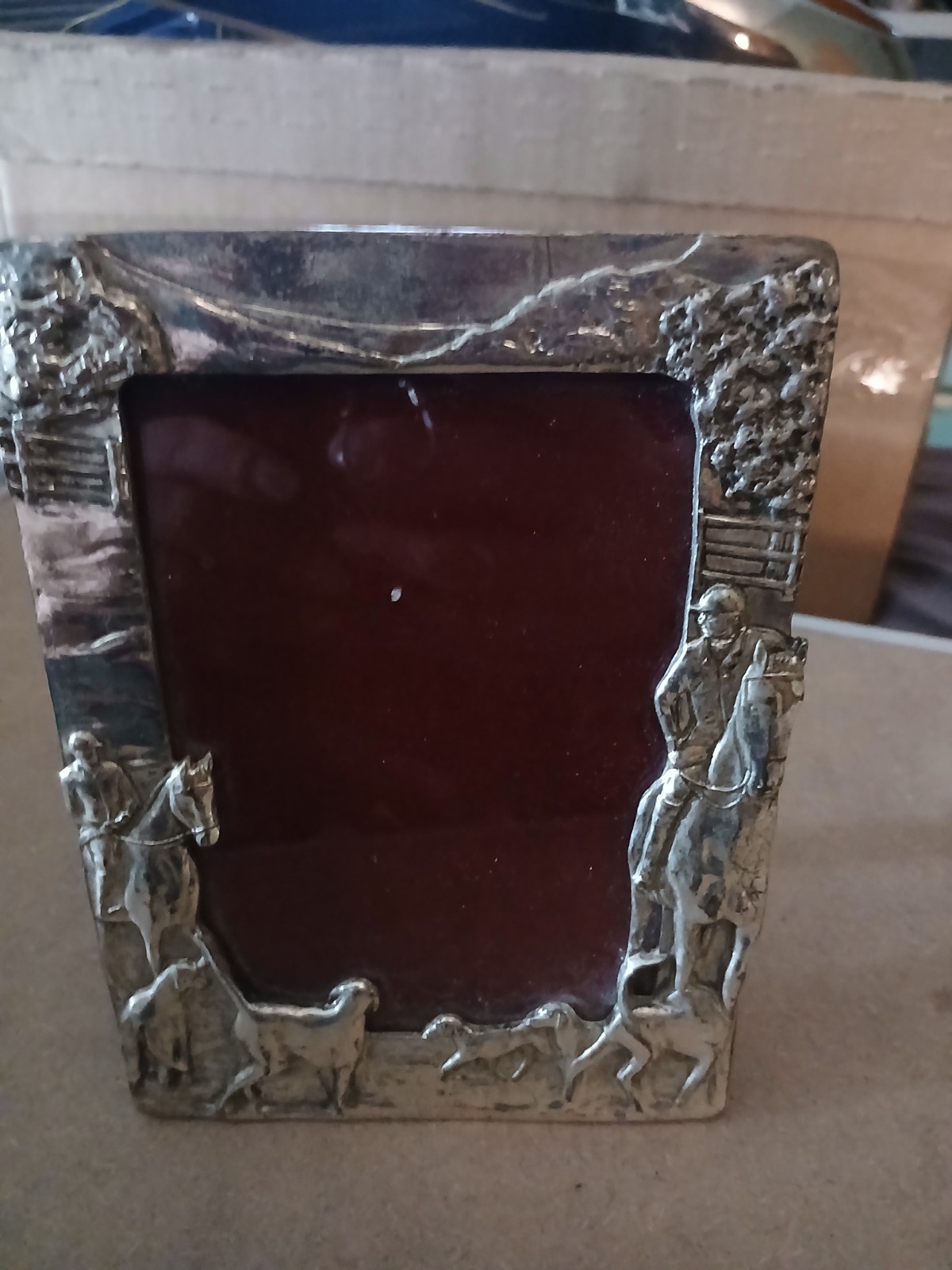 Pewter Picture Frame Horse and Dog Motif Collectible Approx. 6 Inch Display