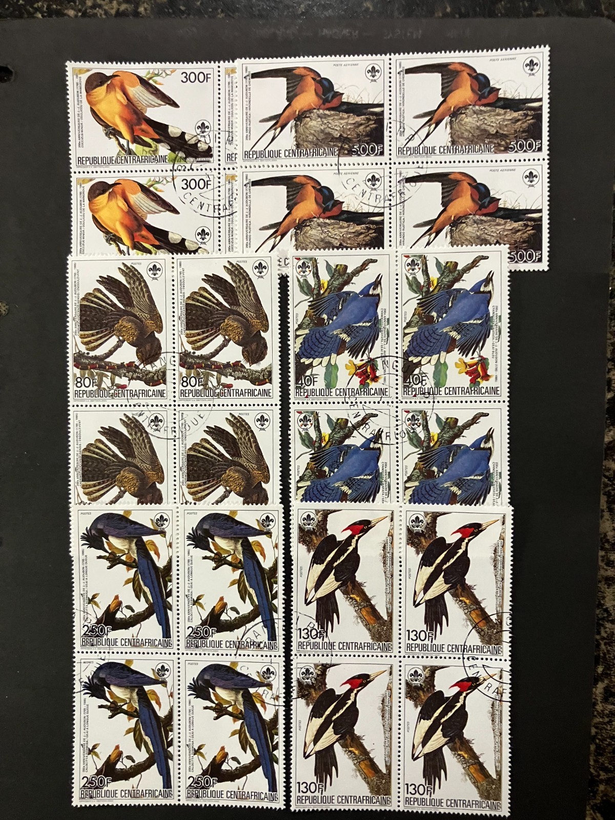Central African Republic 1985 - Birds, 200 Years J.J.  stamps block four set CTO