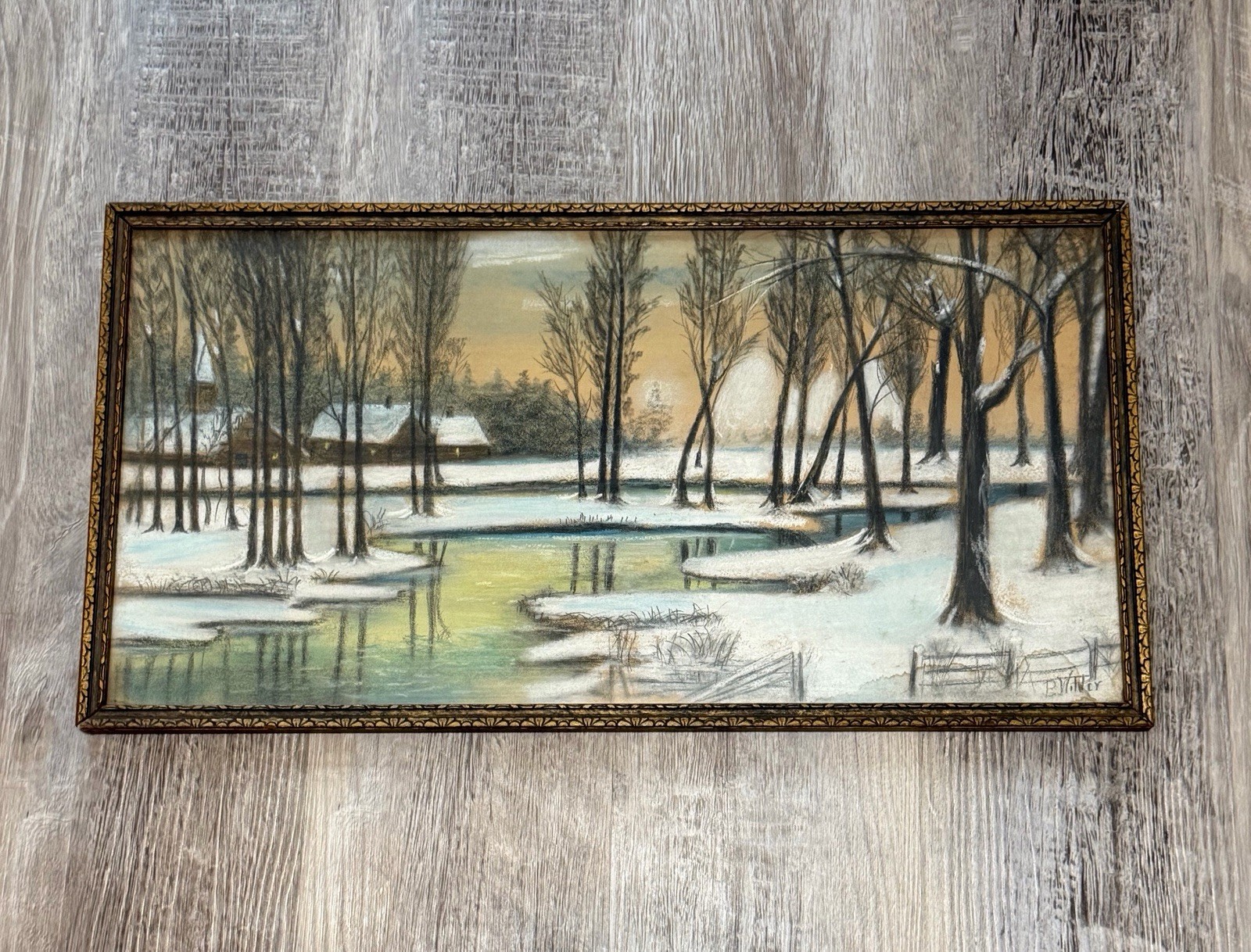 Original Vintage Pastel Drawing Winter Landscape Signed B. Wilder Framed 