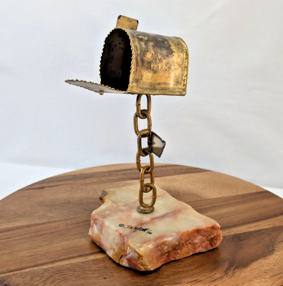 Vintage Brass Mailbox Sculpture on Onyx by John DeMott Signed & Dated 10"