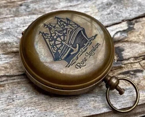 Vintage Brass Pocket Compass with Ship Engraving Handmade Nautical Gift Decor