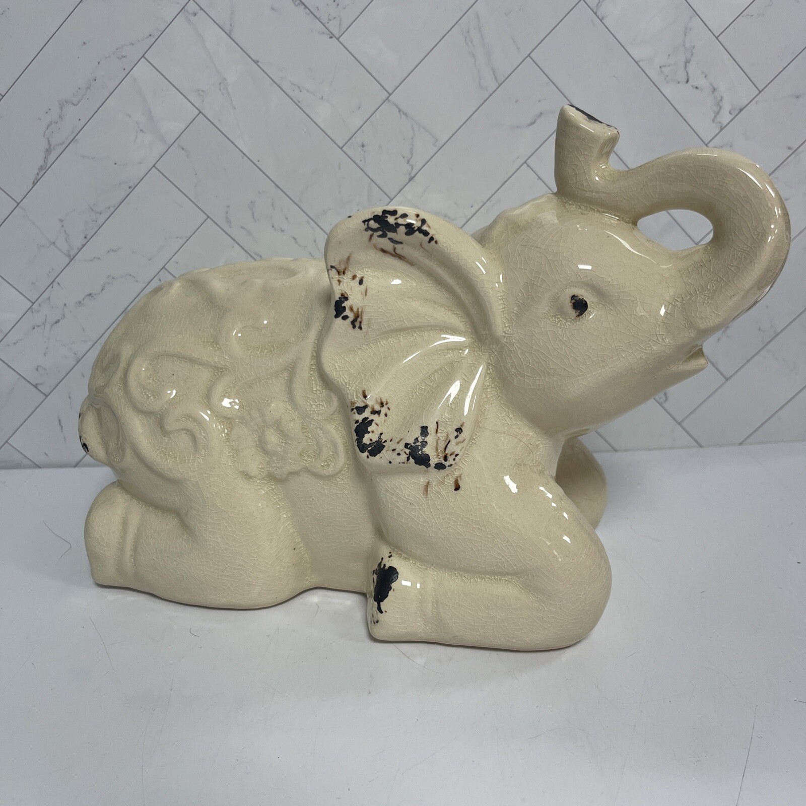 Decorative Ceramic Elephant - Cream Rustic - Indian Style Elephant 12" long