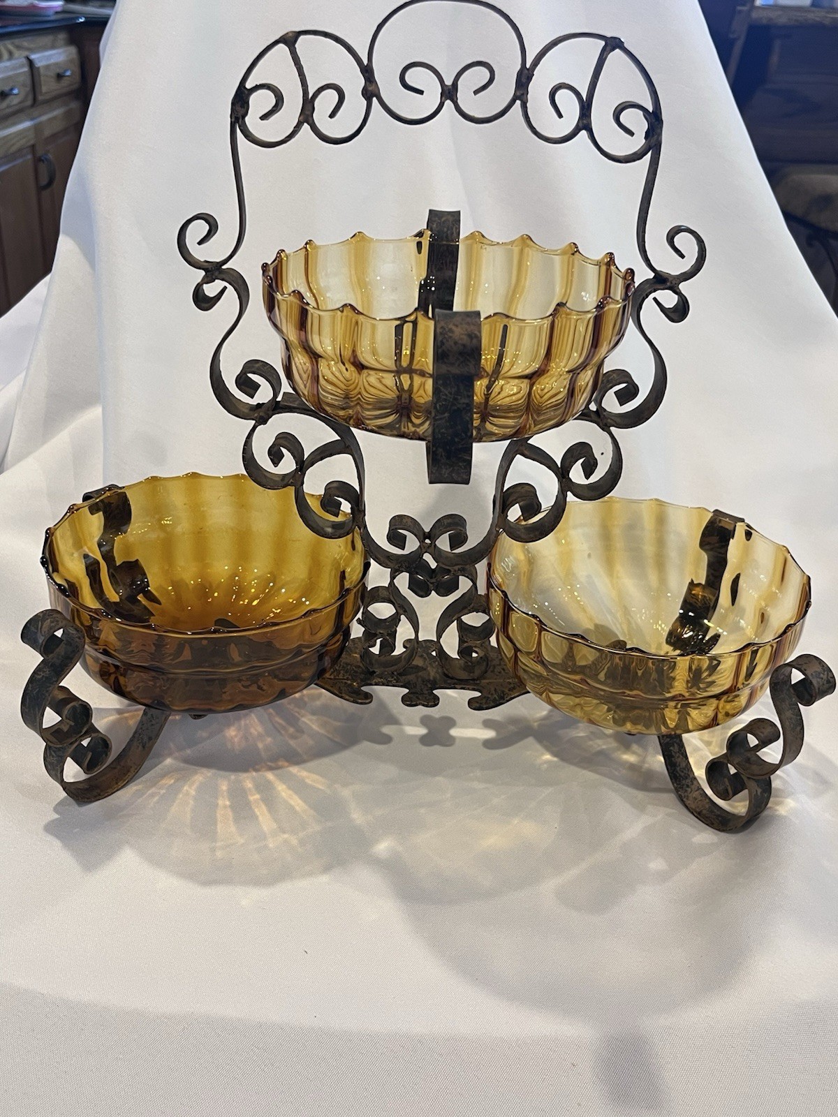 Spanish Revival Italian Hand Blown Amber Optic Glass Bowls Metal Base Tiered 