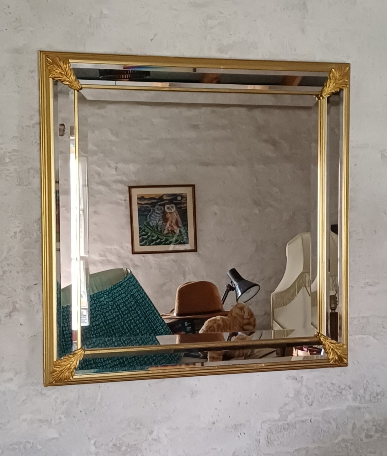 Hollywood glamour triple bevel acanthus leaf motif gold gilt mirror / 63 x 63cm