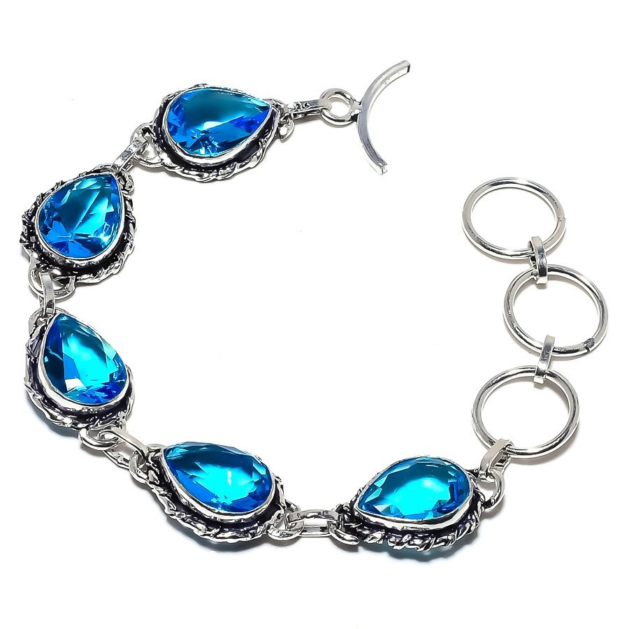 Blue Topaz Gemstone Solid 925  Silver Bracelet k925