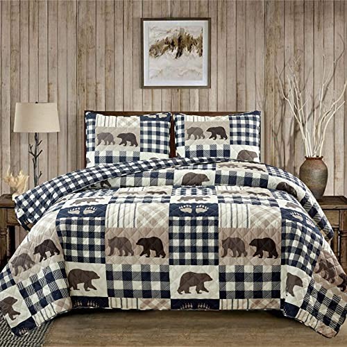  3 Piece Reversible Quilt Set with Sham | Cabin Comforter Set King Bear - Navy
