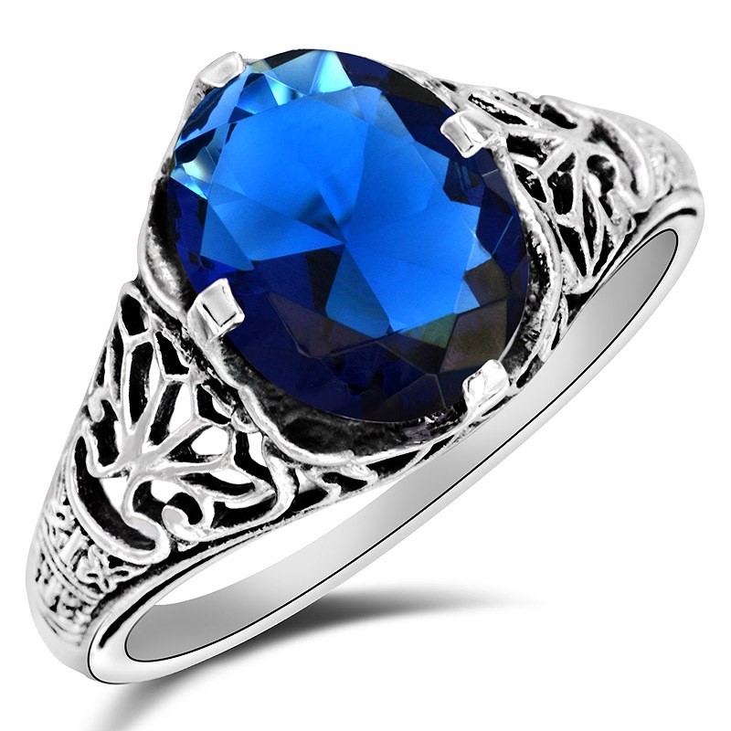 3CT Treated Blue Sapphire 925 Sterling Silver Art Deco Ring Sz 7 XB3-5