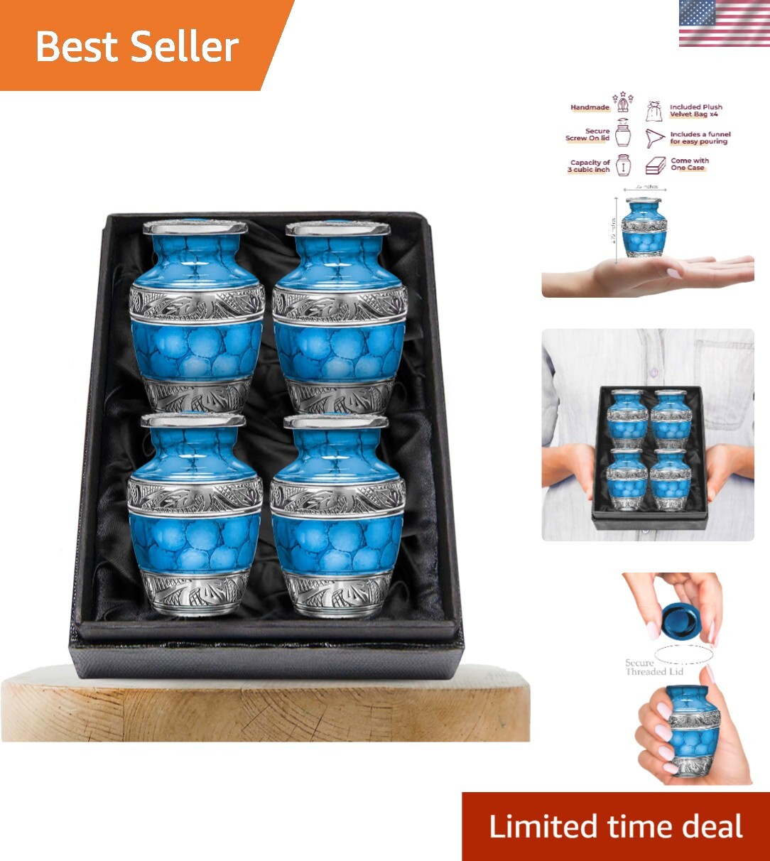 Delightful Decorative Mini Urn Set - 4 Light Blue Brass Keepsakes for Ashes