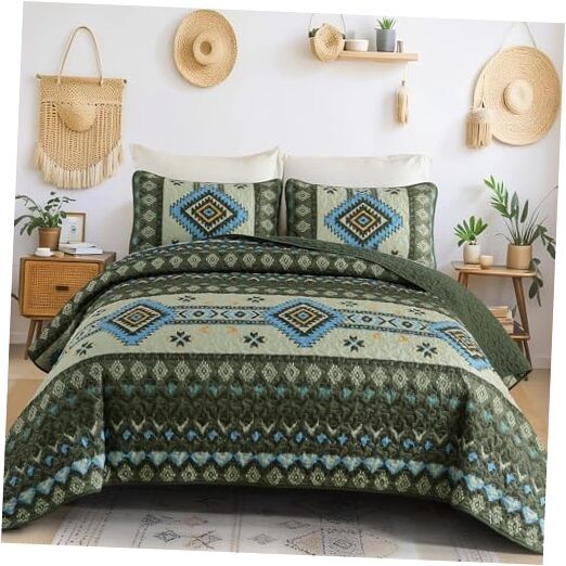  Boho Quilt Set King Size 3 Pieces Aztec Texture Bedspread King 90“×104” Green