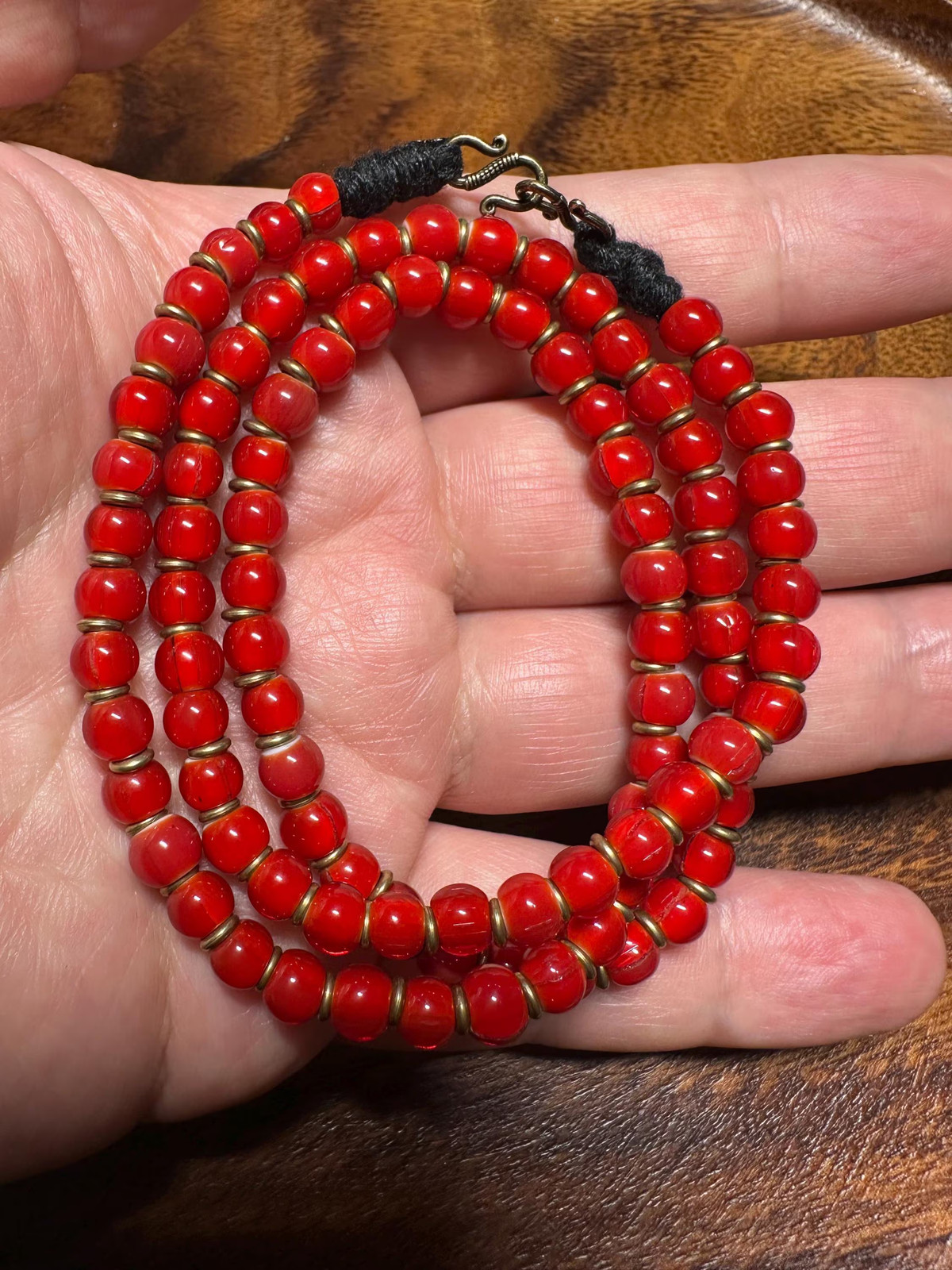 Antique Venetian White Heart Trade Beads: Red Glass, Brass Spacers, Nepalese Tr