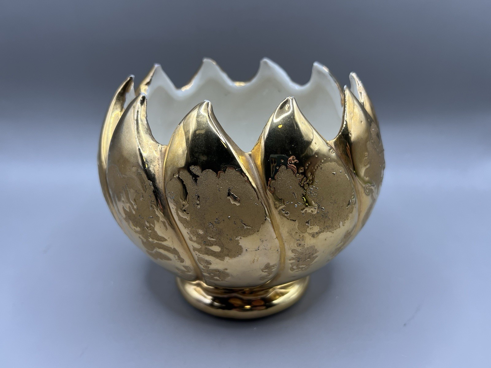 Hollywood Regency Vase Weeping Gold Rose Bowl Porcelain 4" Vintage MCM