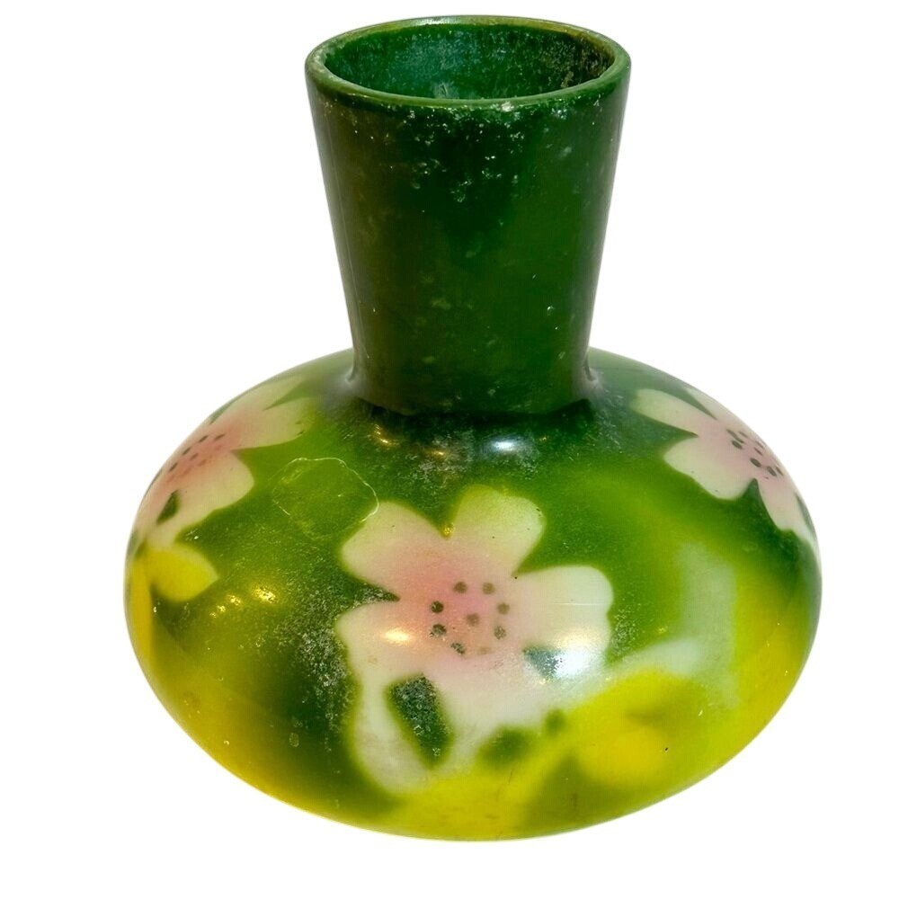 Vintage Floral Painted White Glass Pink Green Vase Boho Hippie 50s Mid Century