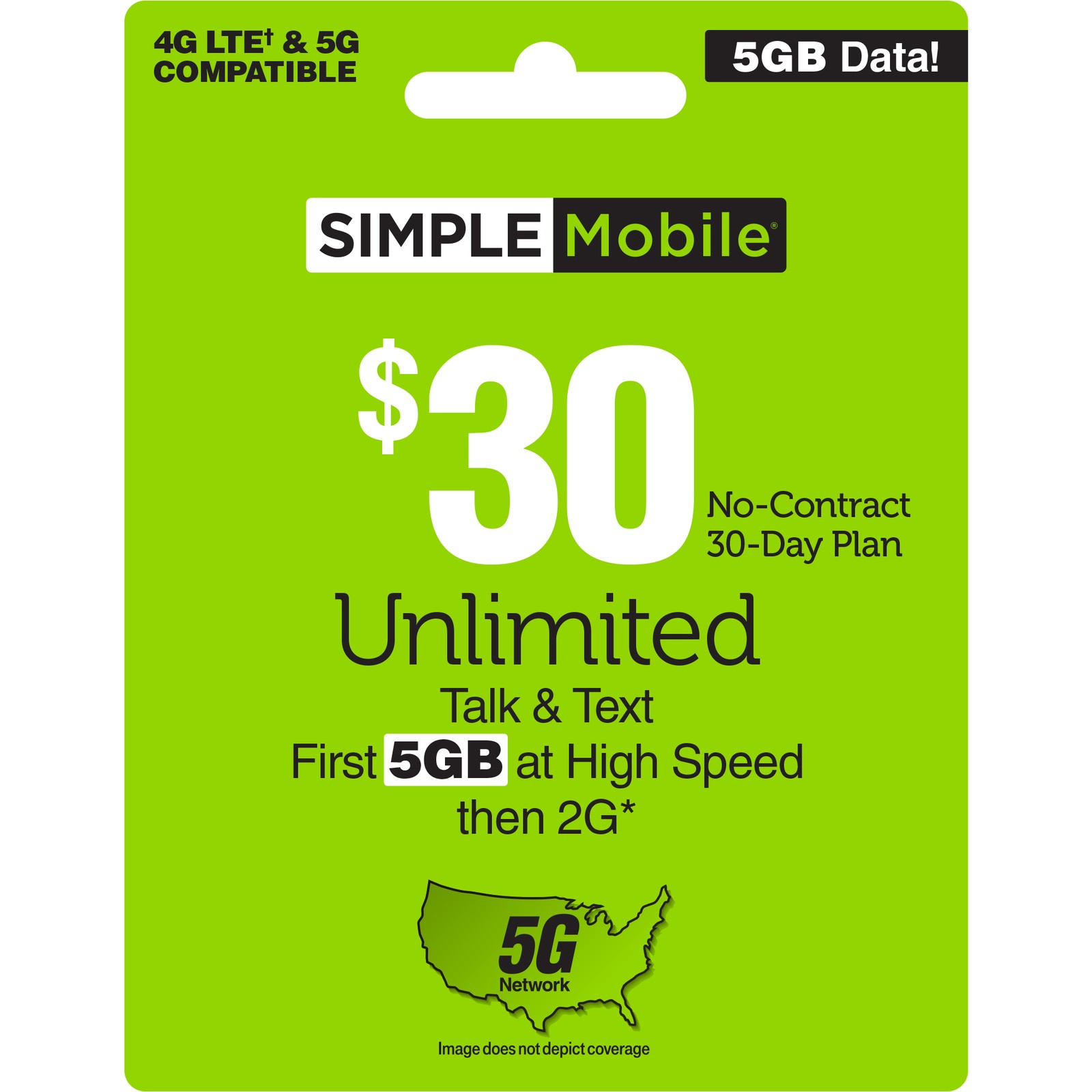 SIMPLE Mobile $30 5 GB Data, Unlimited Talk & Text Plan [Physical Delivery]