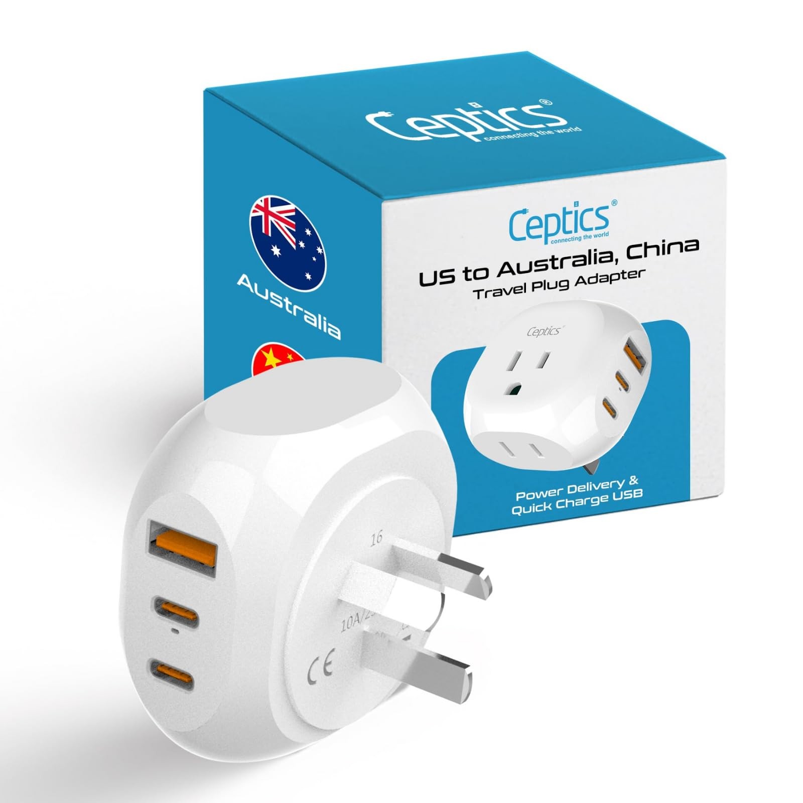 Ceptics Australia, China Travel Adapter - 5 Input with 20W PD-QC 3.1A White 