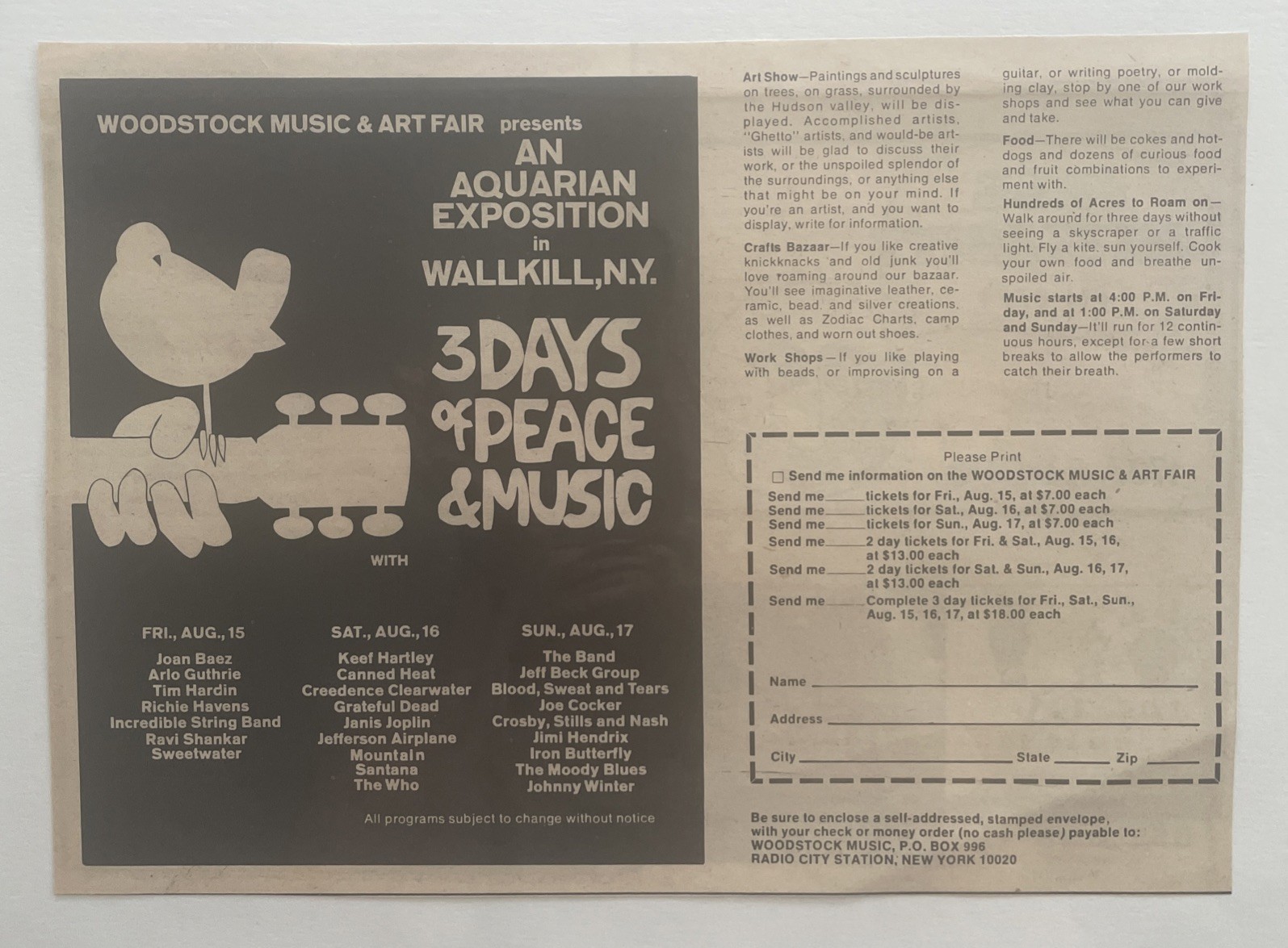 1969 WOODSTOCK FESTIVAL, Wallkill N.Y. Ticket Order Form, Concert Ad