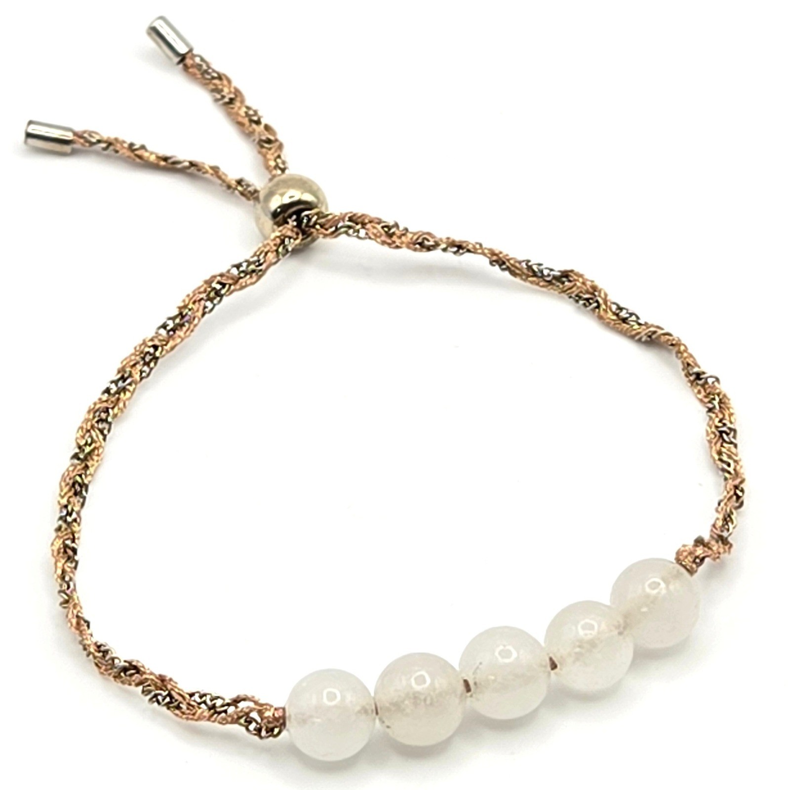 White Moonstone 8mm Bead Adjustable Bolo Bracelet Mixed Media Braided Cord