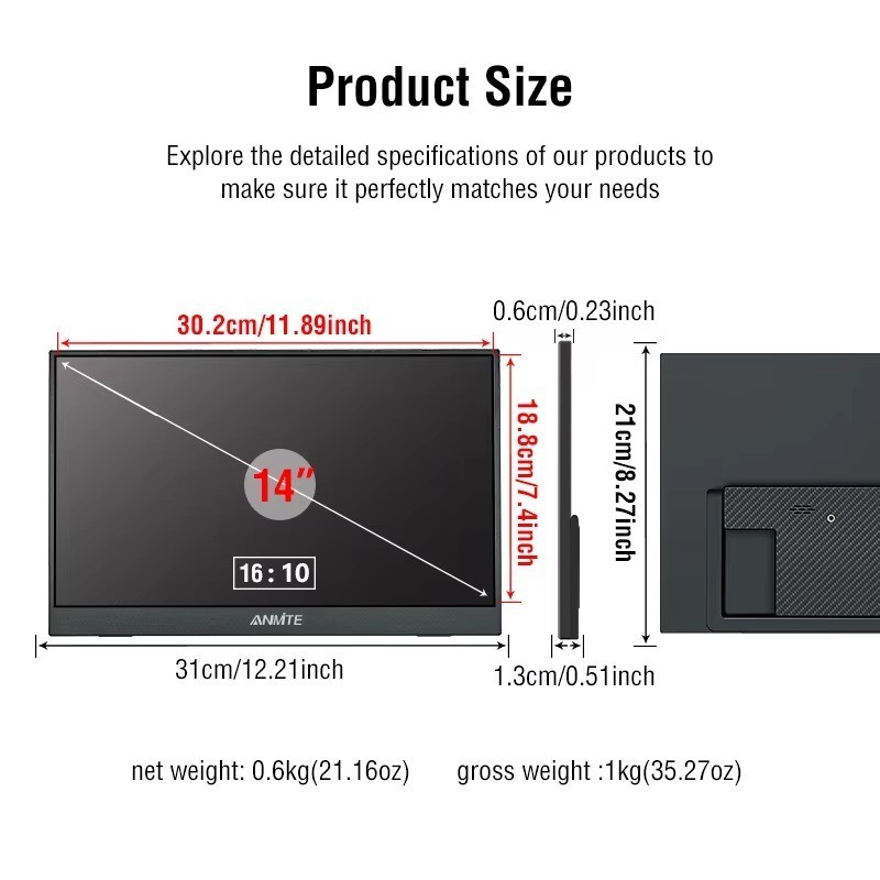 14" Portable Touch Monitor 16:10 400nits Gaming Display for Laptop PS5 Xbox