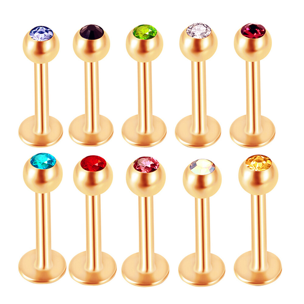 2pc Rose Gold Straight Bar Crystal Labret Monroe Helix Lip Ear Stud Piercing 16G