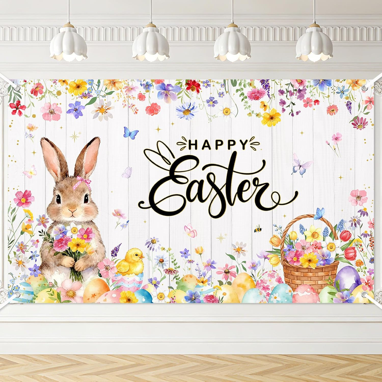 Happy Easter Backdrop Happy Easter Banner Party Decorations Colorful Wildflower 