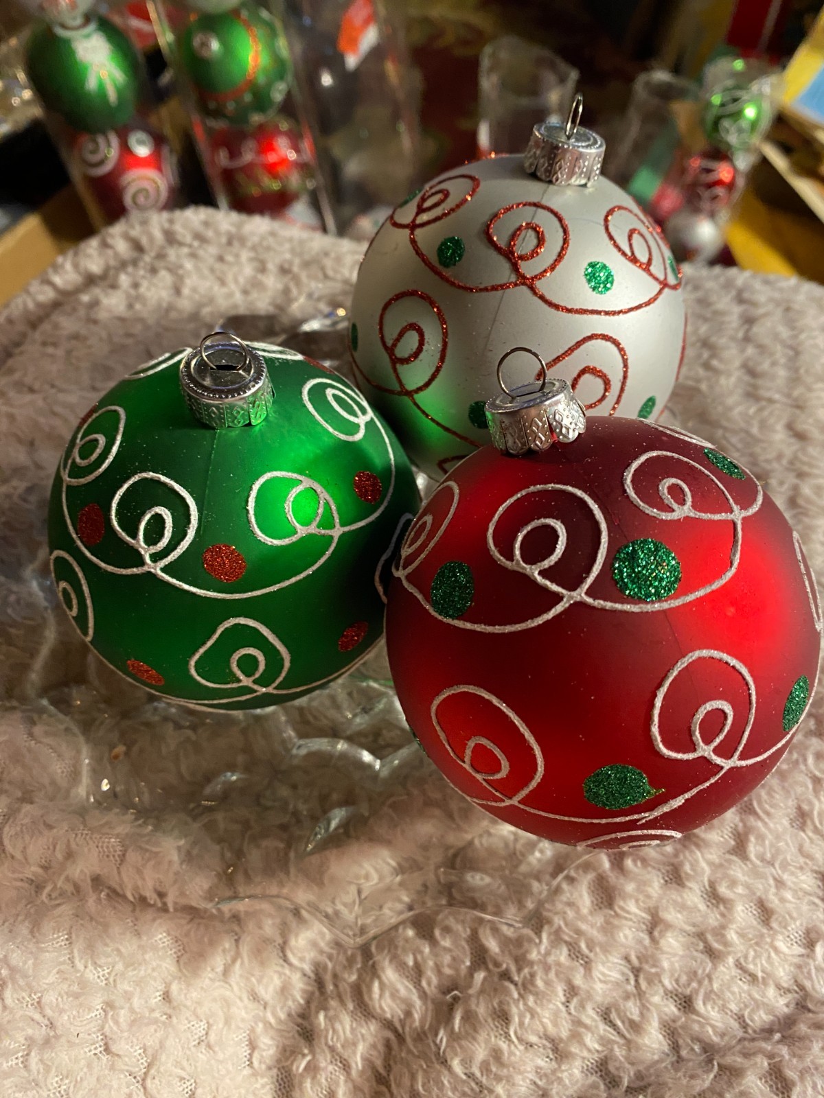 3 Red Green White w Glitter Funky Trim Shatterproof Christmas Ornaments 3"