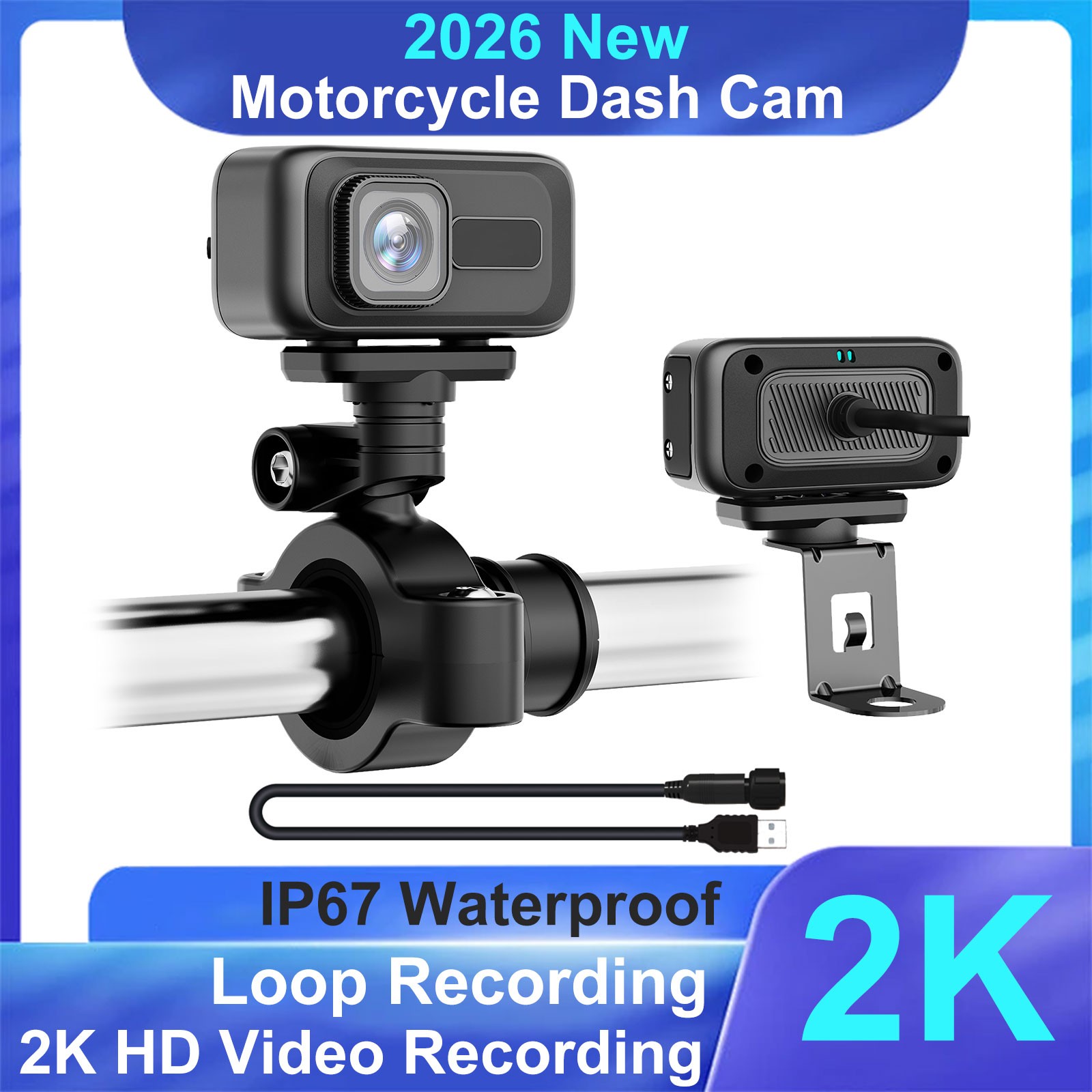 Motorcycle Dash Camera 2K HD 140° Wide Angle WiFi APP 64GB SD Card 3 Brackets