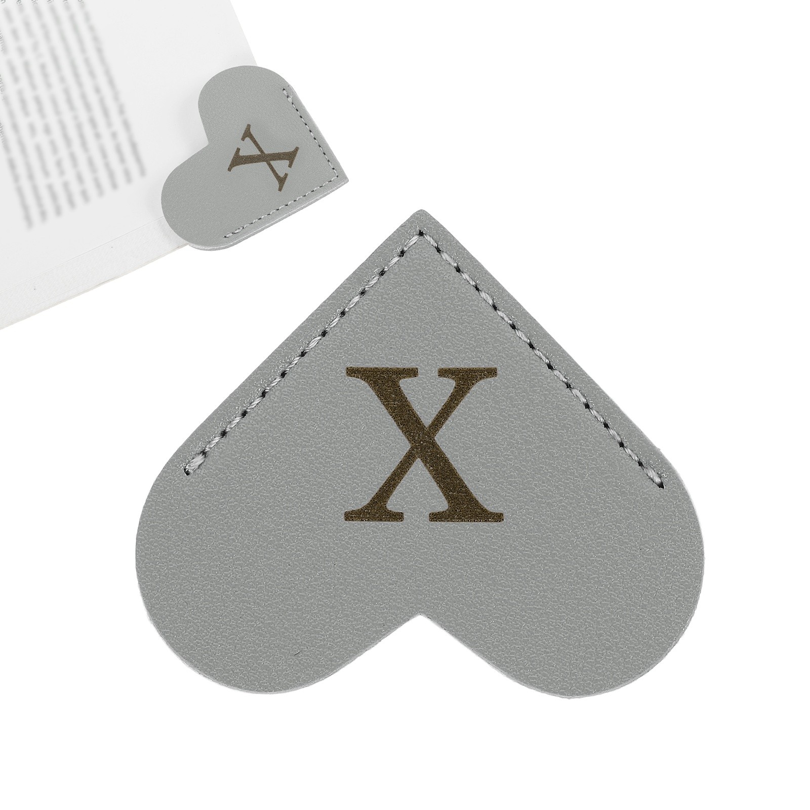 Initial X Corner Bookmarks,  Heart Shape Leather Book Marks Markers, Gray