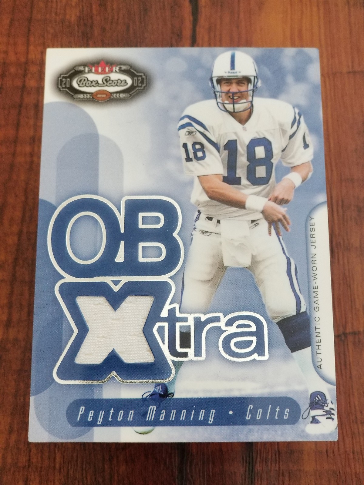 Peyton Manning 2002 Fleer Box Score NFL QB Xtra Authentic Game-Worn Jersey Card