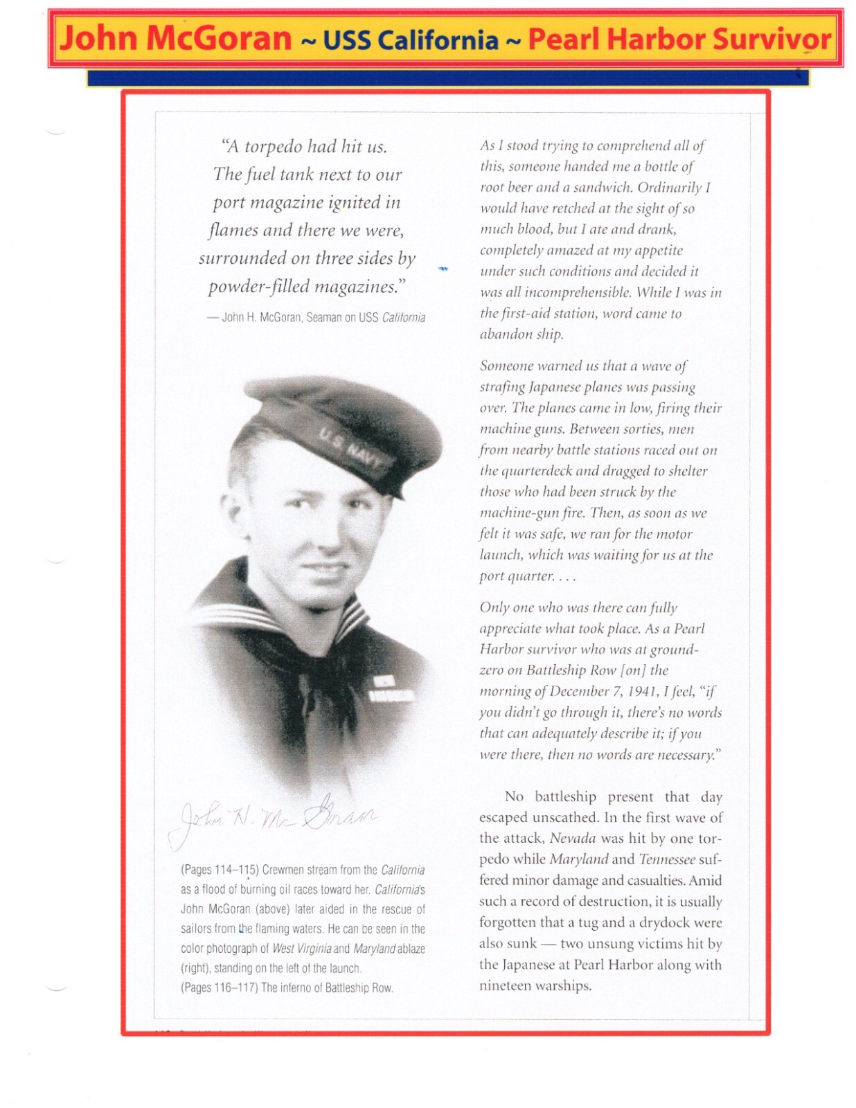 Pearl Harbor 12/7/1941 -USS California 8.5"x11" Photo Display Signed by Survivor