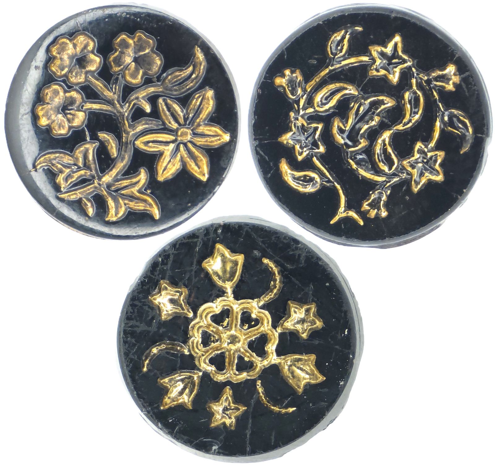 C1890s Victorian Glass Gold Luster Intaglio Ivy Forget Me Not Flower Button Lot