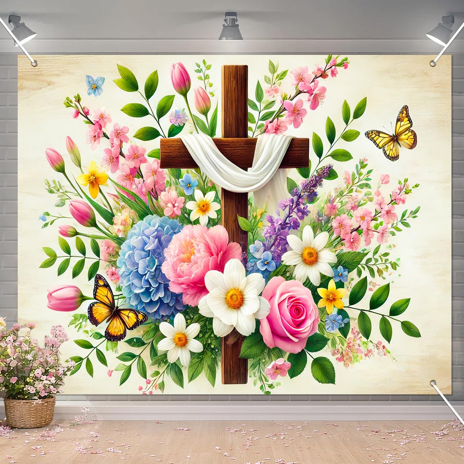 Easter Christian Backdrop Cross Floral Garden Scene Butterfly Spring Religious C