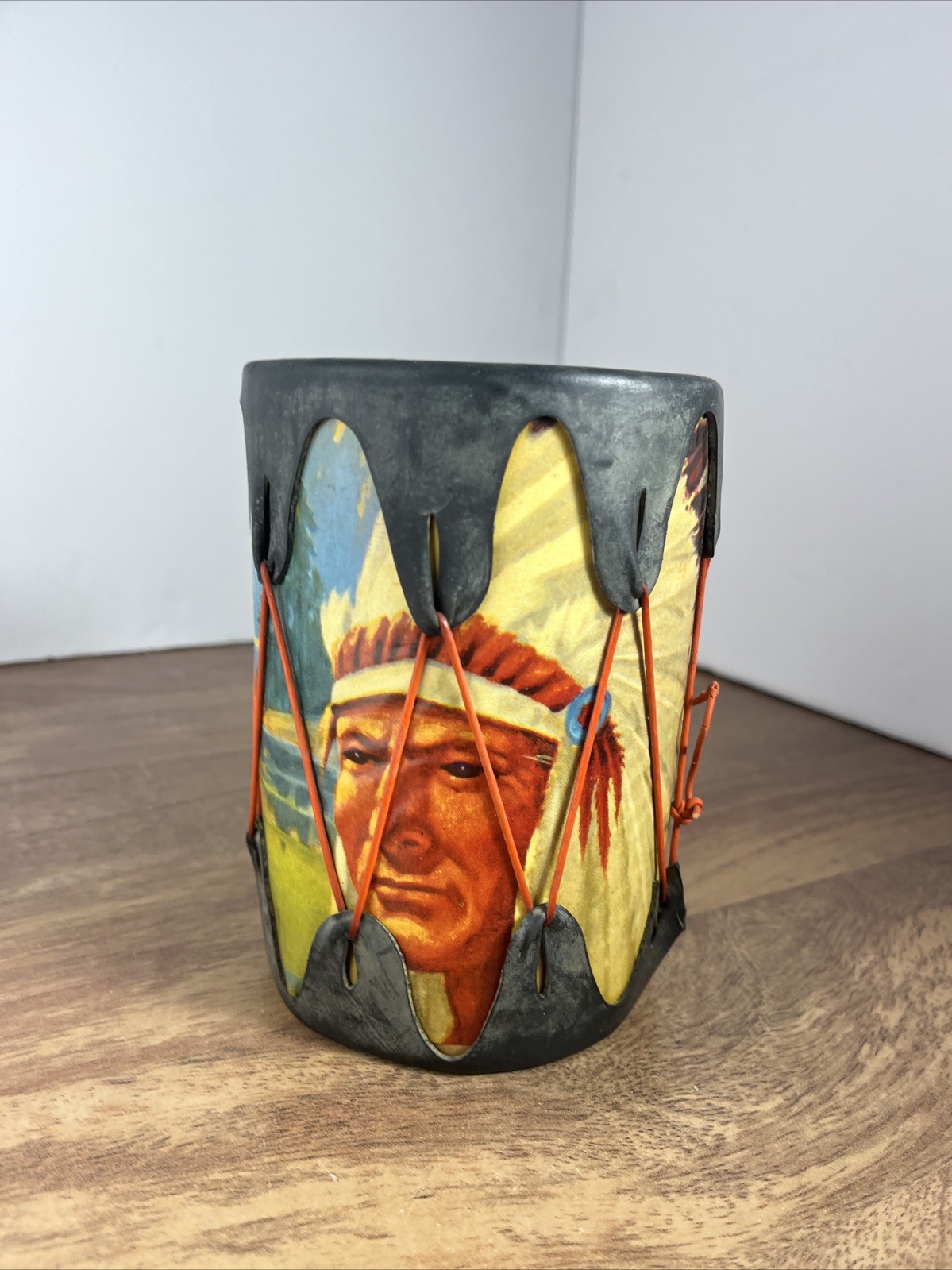 Vintage Native American Indian Themed Souvenir Toy Tom Tom Drum 3.5" × 4.25" 