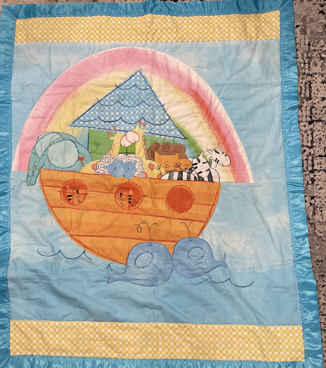 Vintage Quilted Baby Blanket Noah's Arc satin trim 35x44