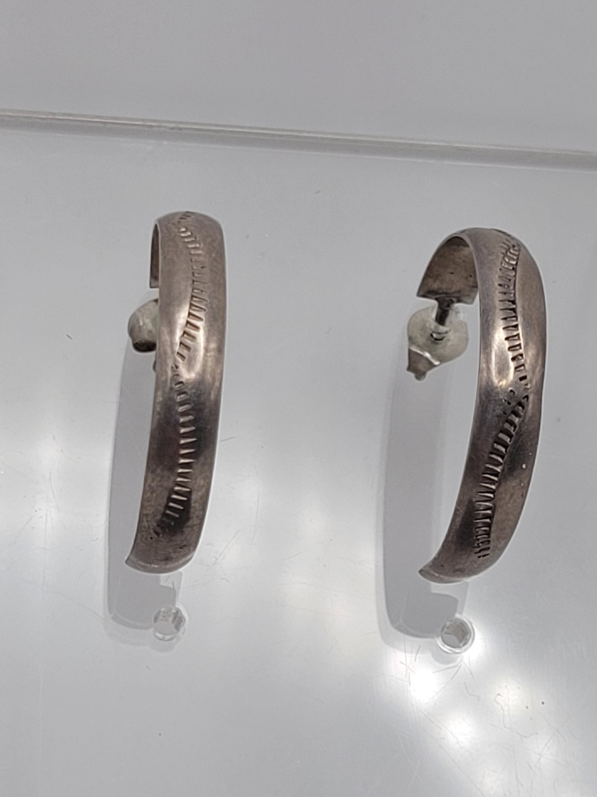 Navajo Indian Sterling Silver Hand Stamped Post Hoop Earrings by Tahe 1"