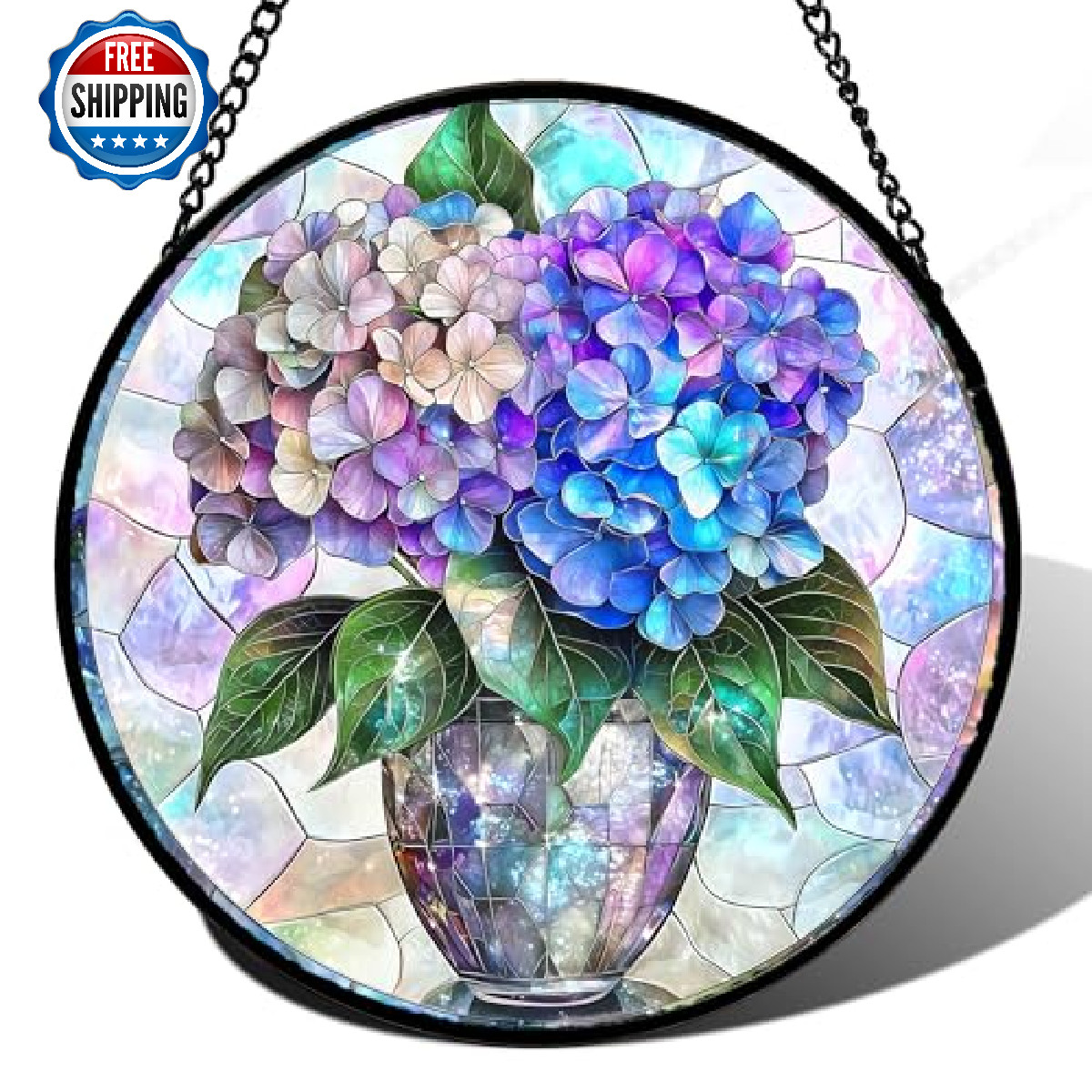 HWRHTR Stained Glass Hydrangea Flowerpot Suncatcher Window Hanging Blue Purple