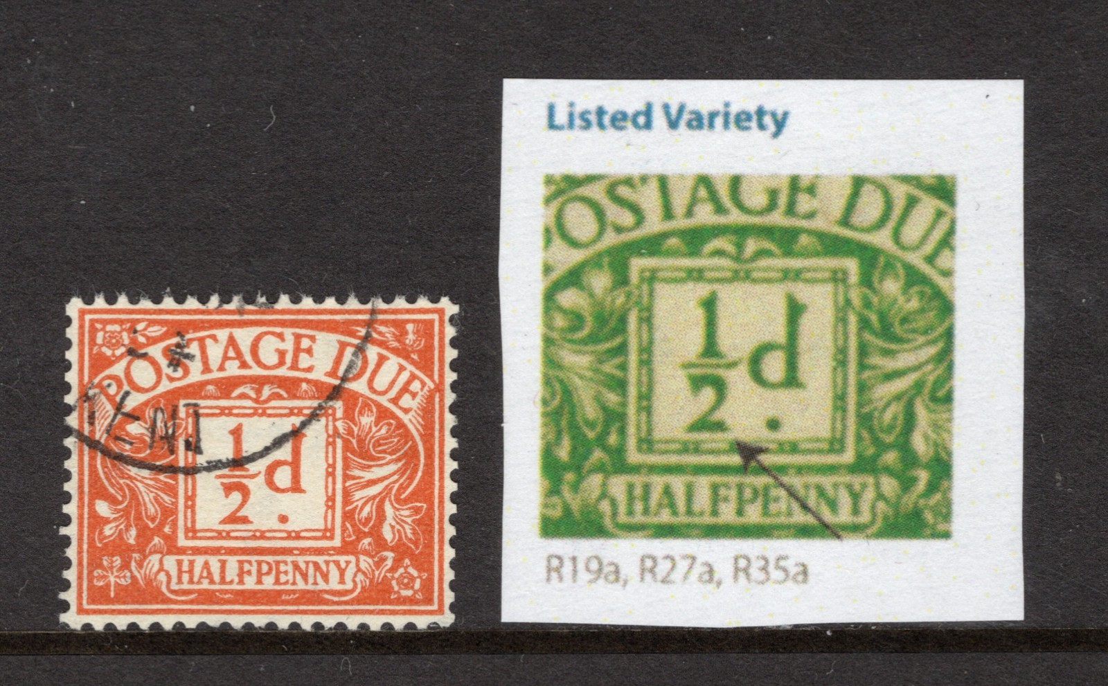 1951 ½d YELLOW-ORANGE COLOUR CHANGE POSTAGE DUE 'BROKEN 2' VAR D35