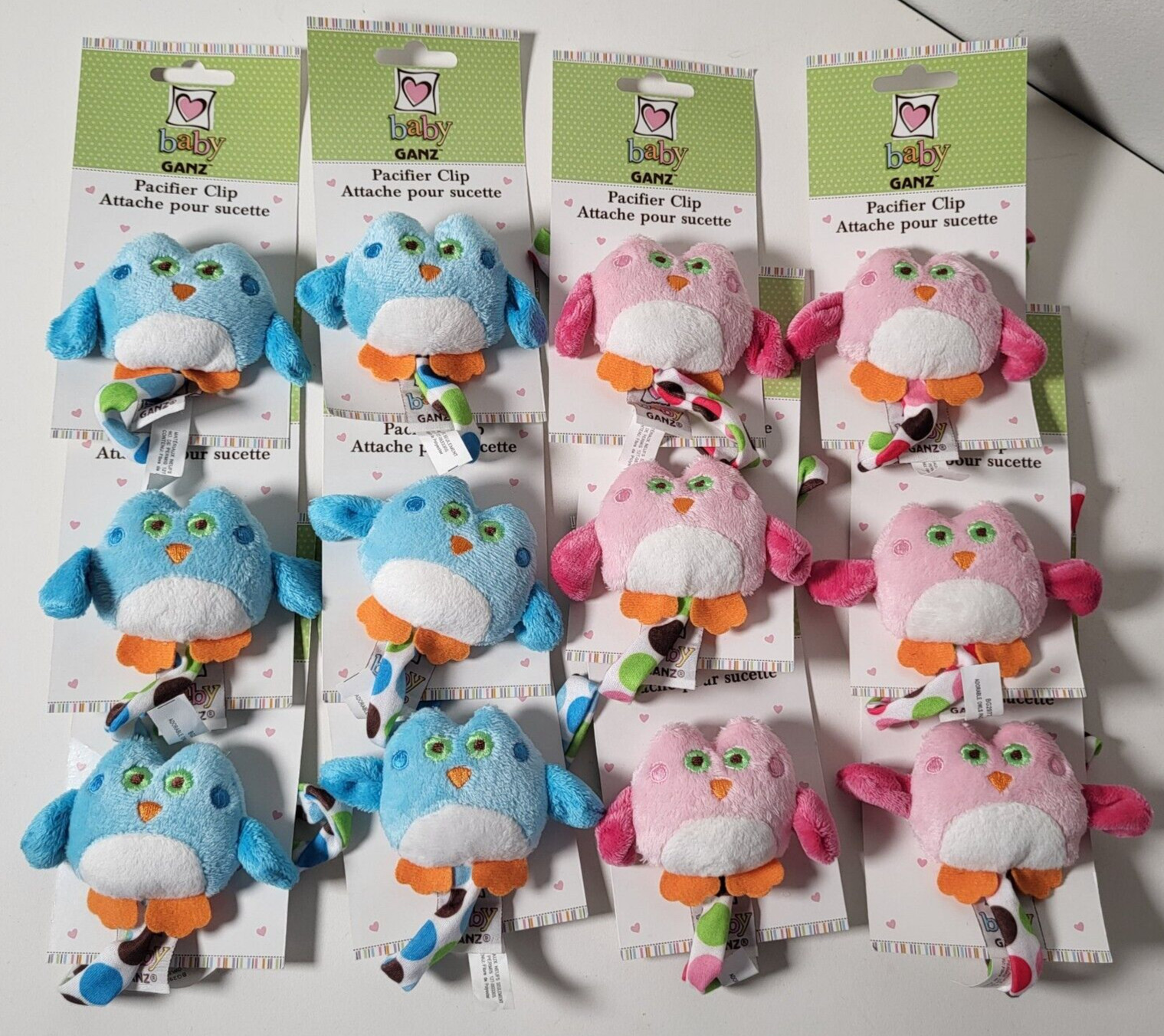 12 Pack Plush Owl Pacifiers Clips Wholesale Lot Assorted Colors Pink And Blue