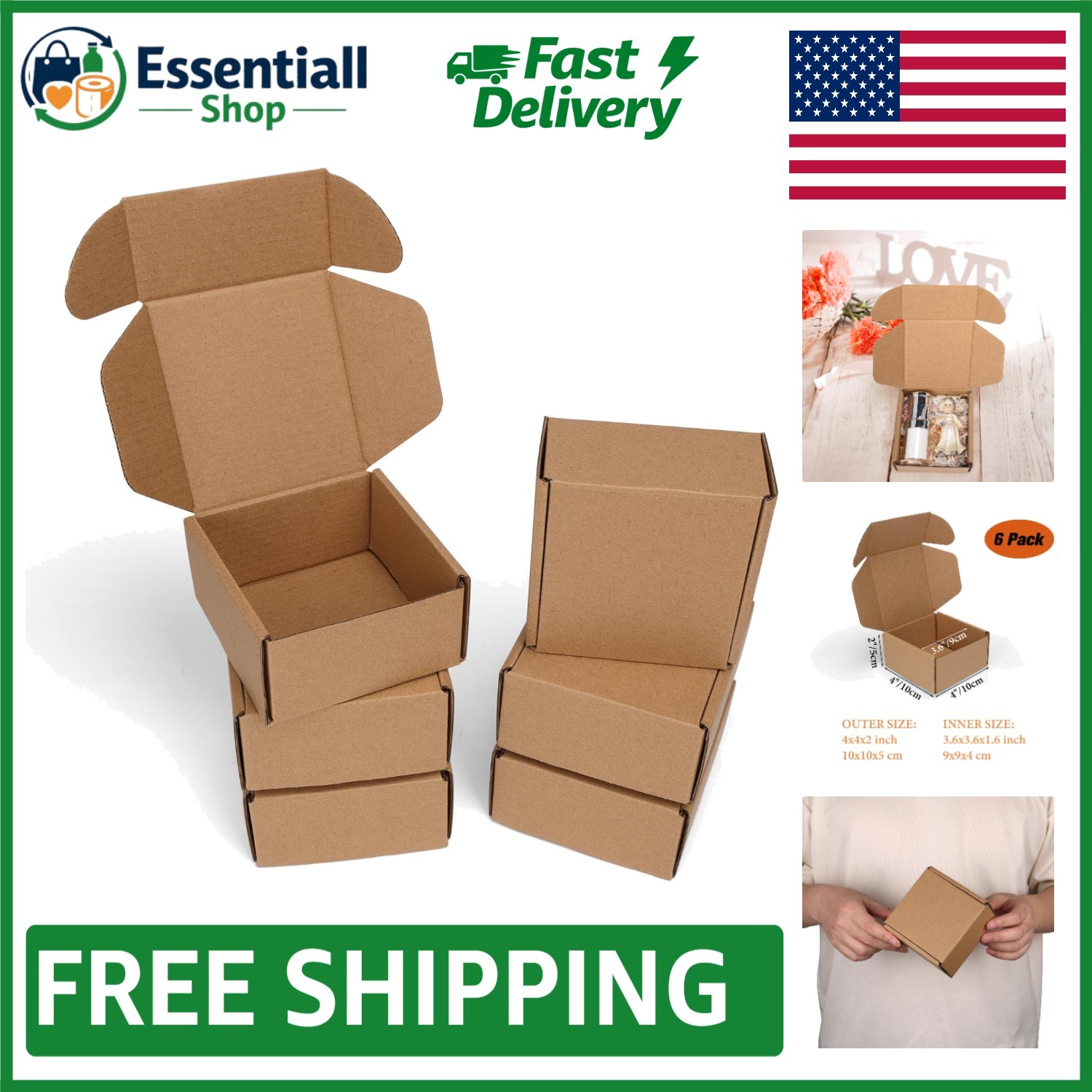 Quick Assembly 6-Pack Brown Cardboard Mailer Boxes - 4x4x2 for Easy Shipping