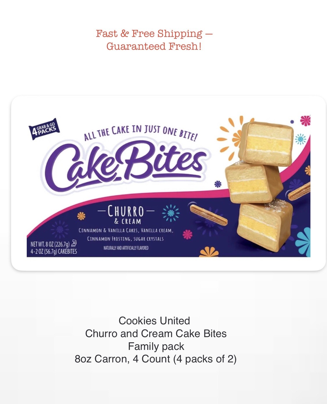 Cookies United Churro & Cream Cake Bites, 8oz Carton, 4 Count (4 Packs of 2)