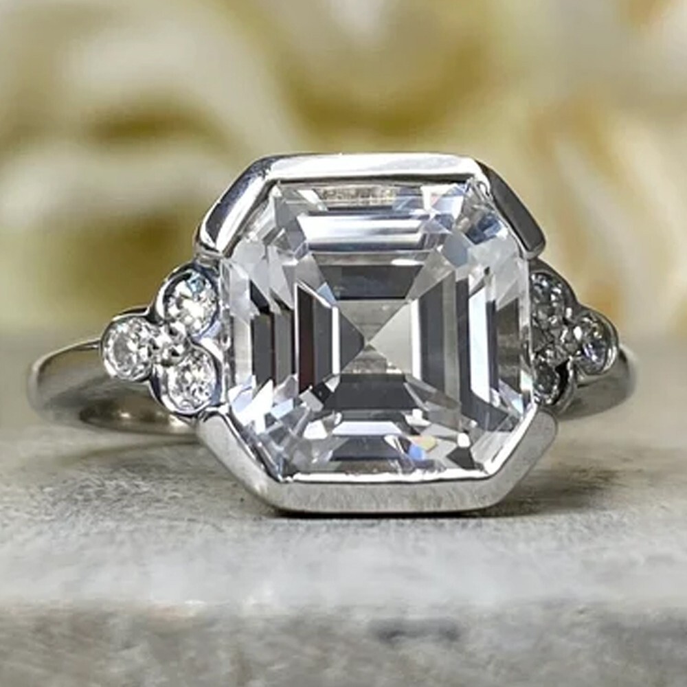 3.98 TCW Asscher Cut Moissanite Half Bezel Engagement Ring 14K White Gold Plated