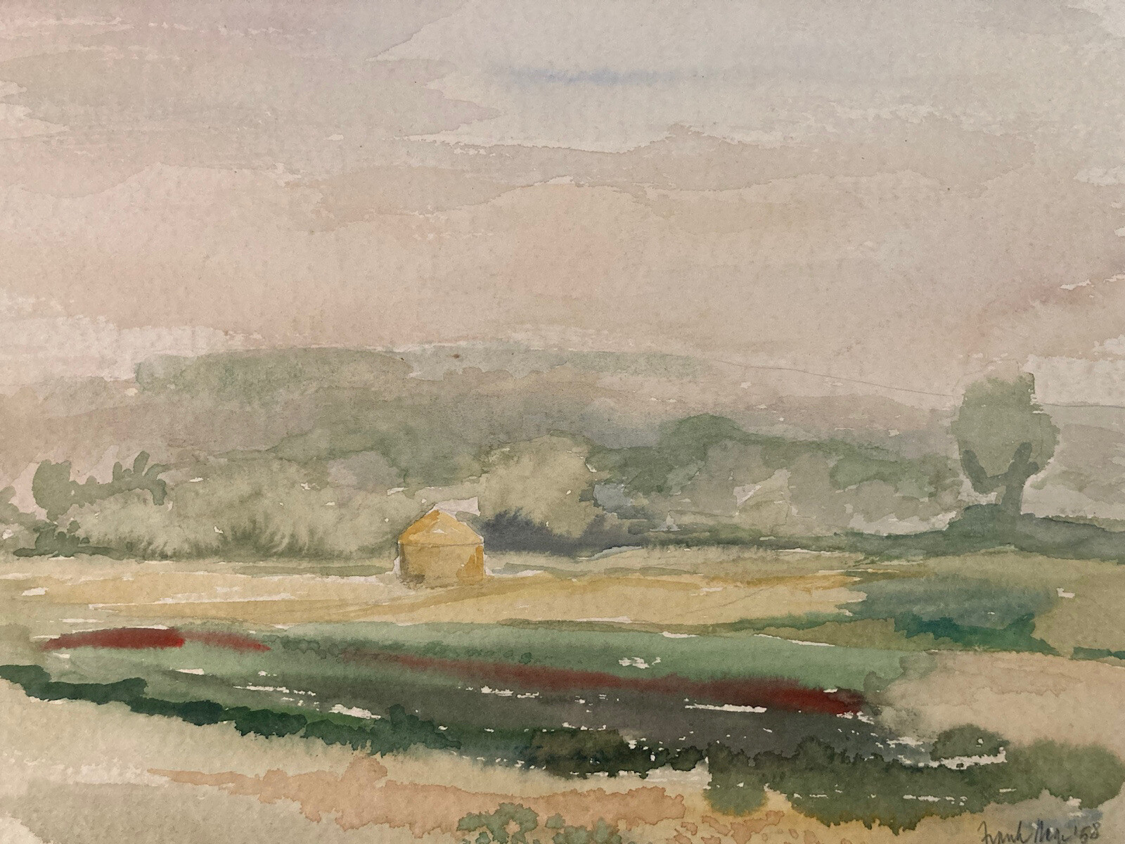 Very Beautiful Watercolor Painting On Paper 1958 Haystack Landscape Tree Art