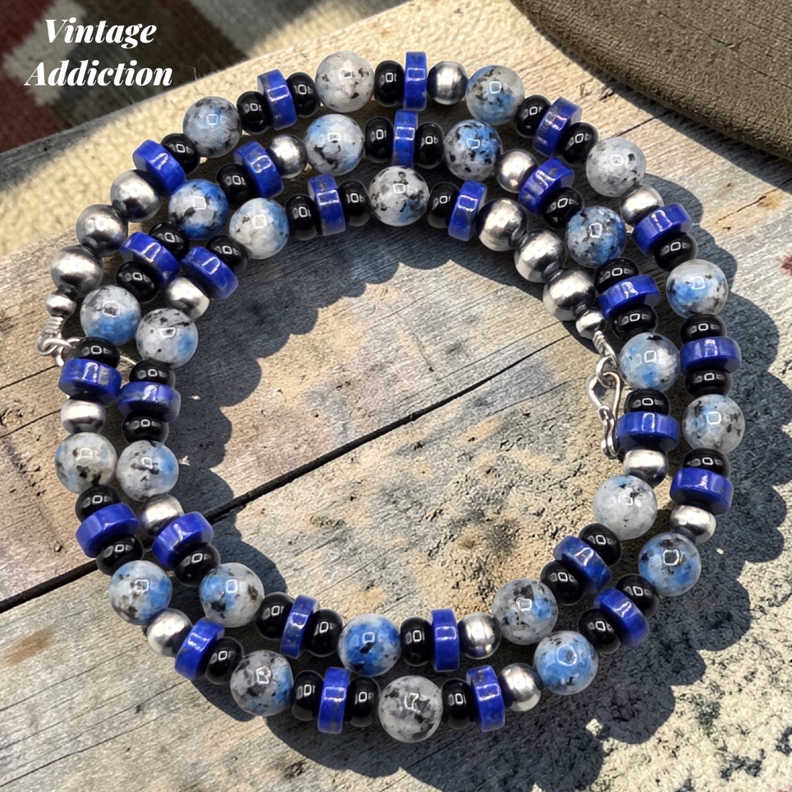 K2 Jasper Lapis Onyx Sterling Navajo Pearl Southwest Men's Necklace 22.5" 8mm