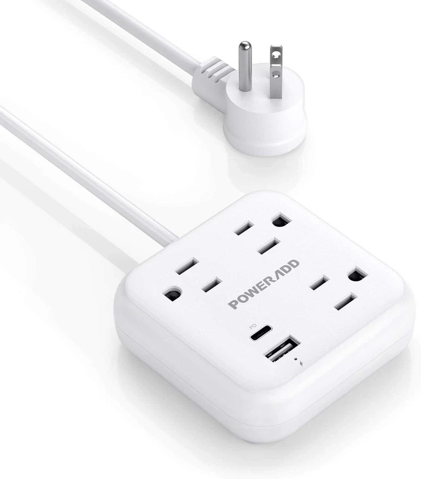 POWERADD Power Strip USB-C Power Delivery 18W Mini Travel Adapter QC 3.0 White
